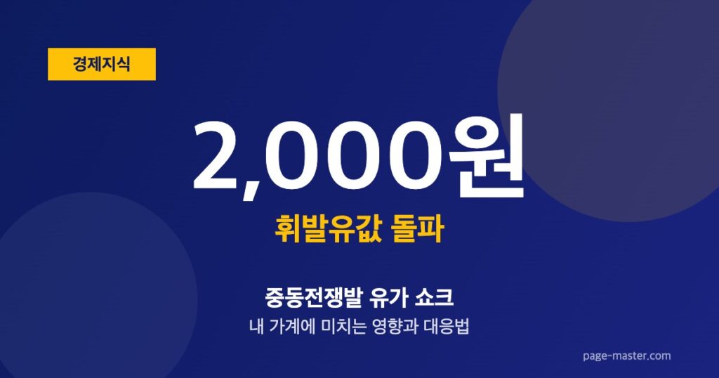 2026년 4월 휘발유값 2000원 돌파를 보여주는 진한 블루 배경의 경제 카드뉴스 이미지